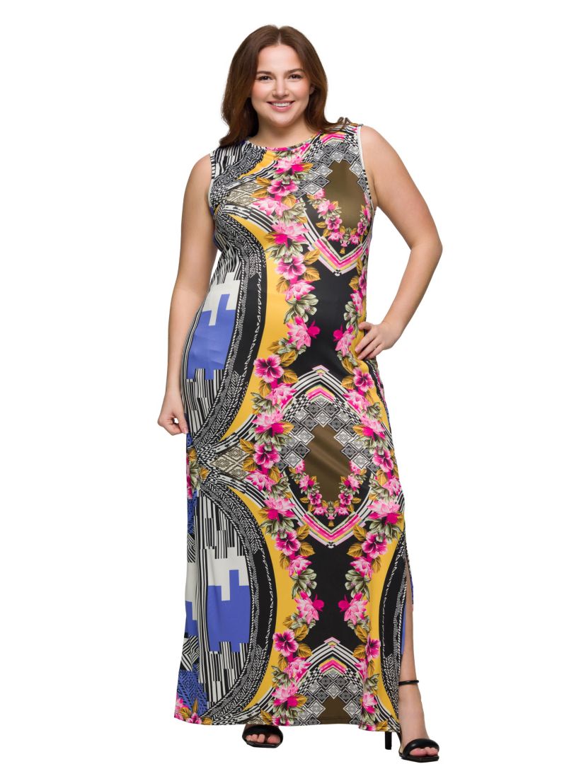 Plus Size Geometric Floral Print Sleeveless Side Slit Maxi Dress