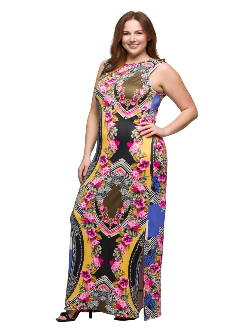 Plus Size Geometric Floral Print Sleeveless Side Slit Maxi Dress