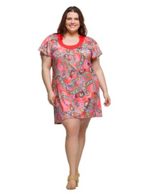 24seven Comfort Apparel Women's Plus Size Pink Paisley Short Sleeve Scoop Neck Mini Dress