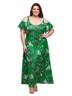 24seven Comfort Apparel Women's Plus Size Green Floral Cold Sholder Ruffle Sleeve A Line Maxi Dress