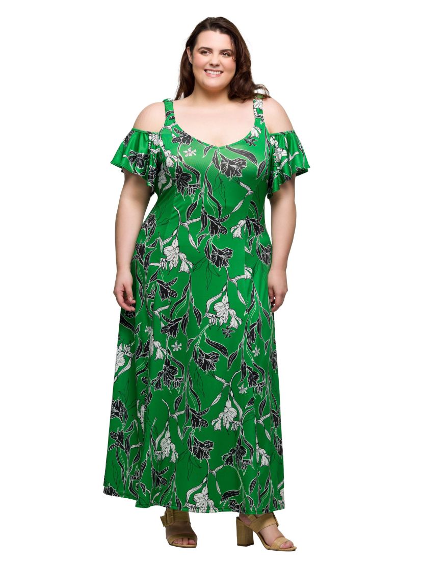 Plus Size Green Floral Cold Sholder Ruffle Sleeve A Line Maxi Dress