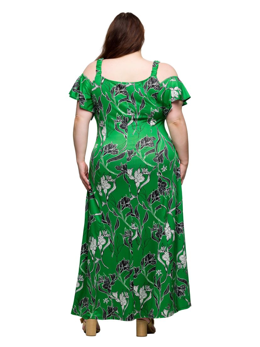 Plus Size Green Floral Cold Sholder Ruffle Sleeve A Line Maxi Dress