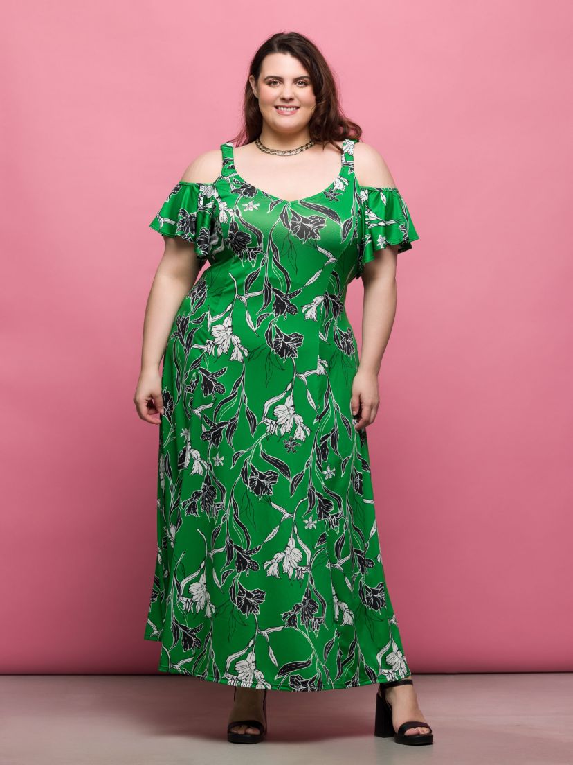 Plus Size Green Floral Cold Sholder Ruffle Sleeve A Line Maxi Dress