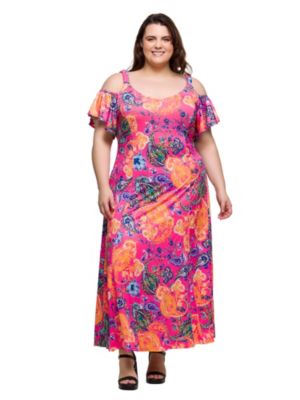 24seven Comfort Apparel Women's Plus Size Pink Paisley Cold Sholder Ruffle Sleeve A Line Maxi Dress