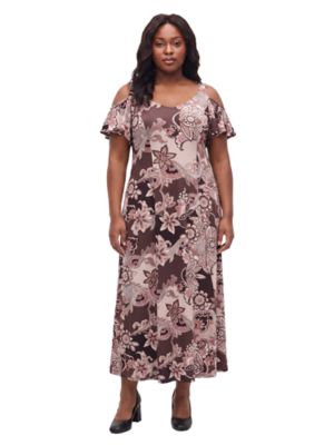 24seven Comfort Apparel Women's Elevate Curvy V Neck Cold Sholder Ruffle Sleeve Wide A Line Floral Maxi Dress