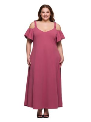24seven Comfort Apparel Women's Plus Size Cold Sholder Ruffle Sleeve A Line Maxi Dress