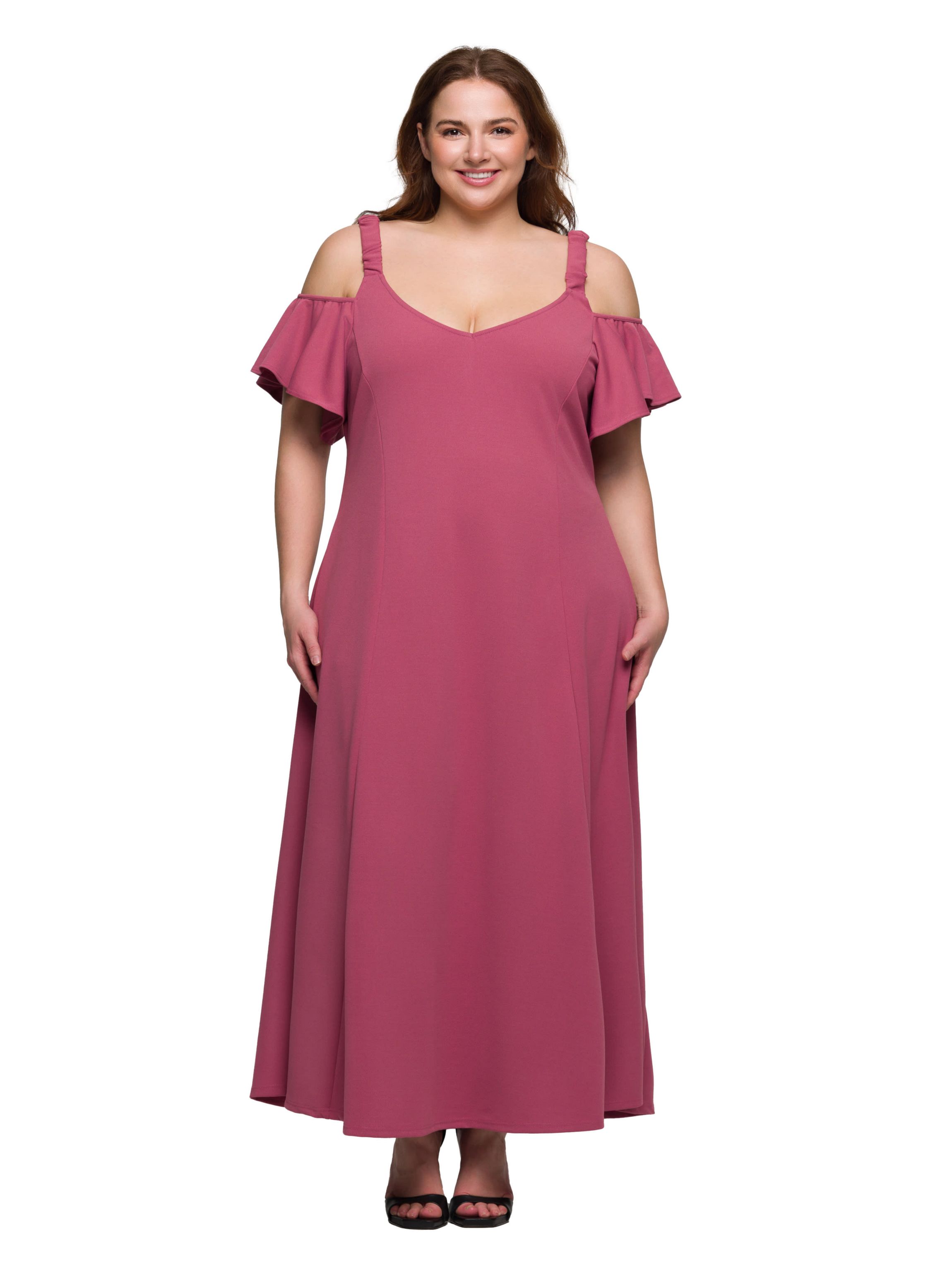 Plus Size Cold Sholder Ruffle Sleeve A Line Maxi Dress