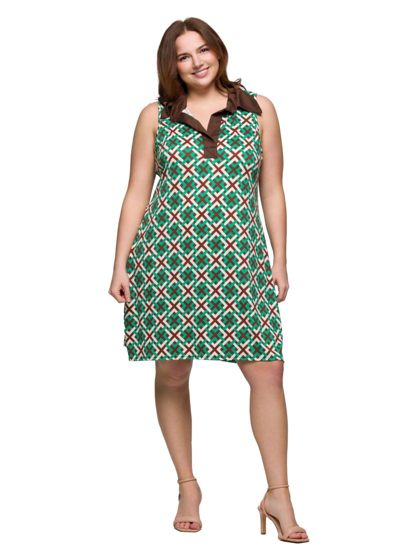 Plus Size Brown and Green Sleeveless Collared Mini Dress