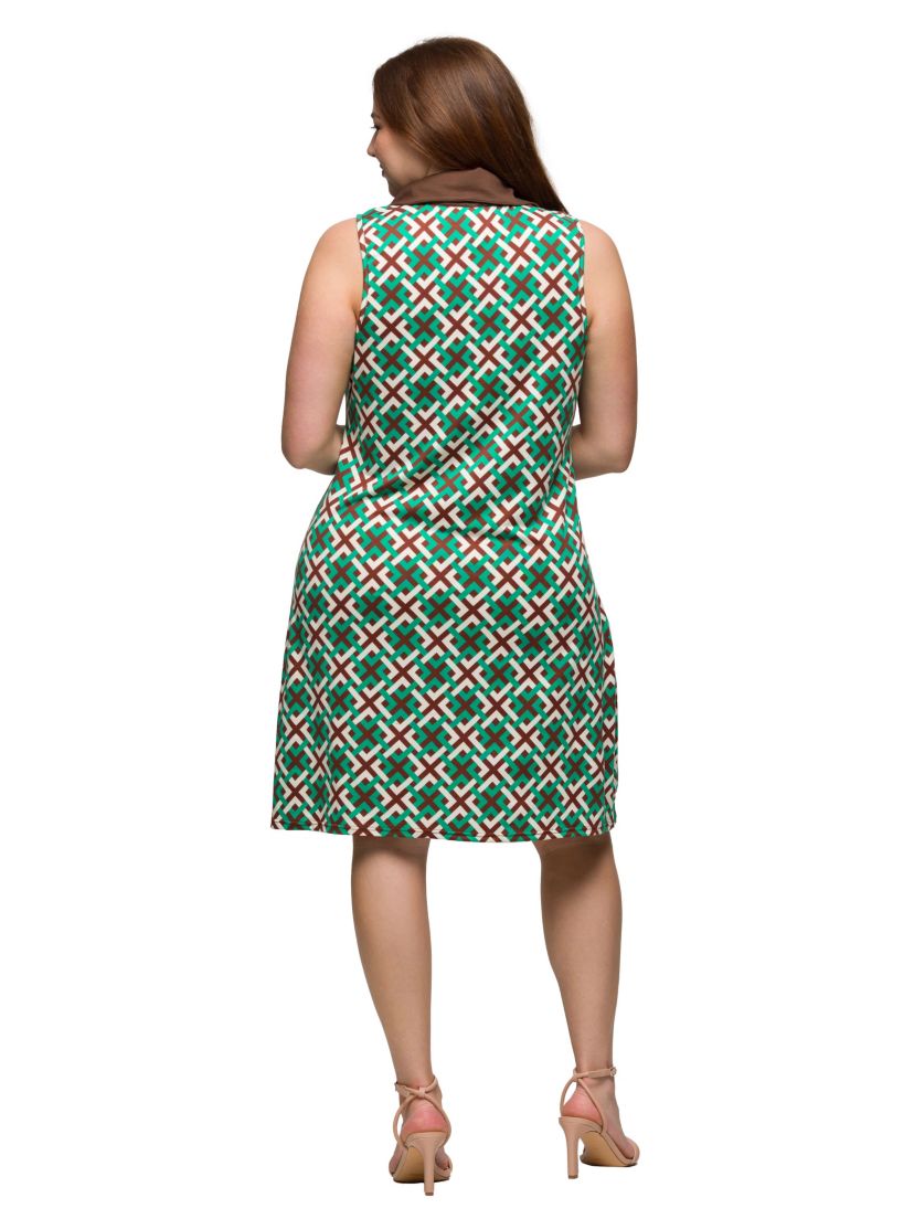 Plus Size Brown and Green Sleeveless Collared Mini Dress
