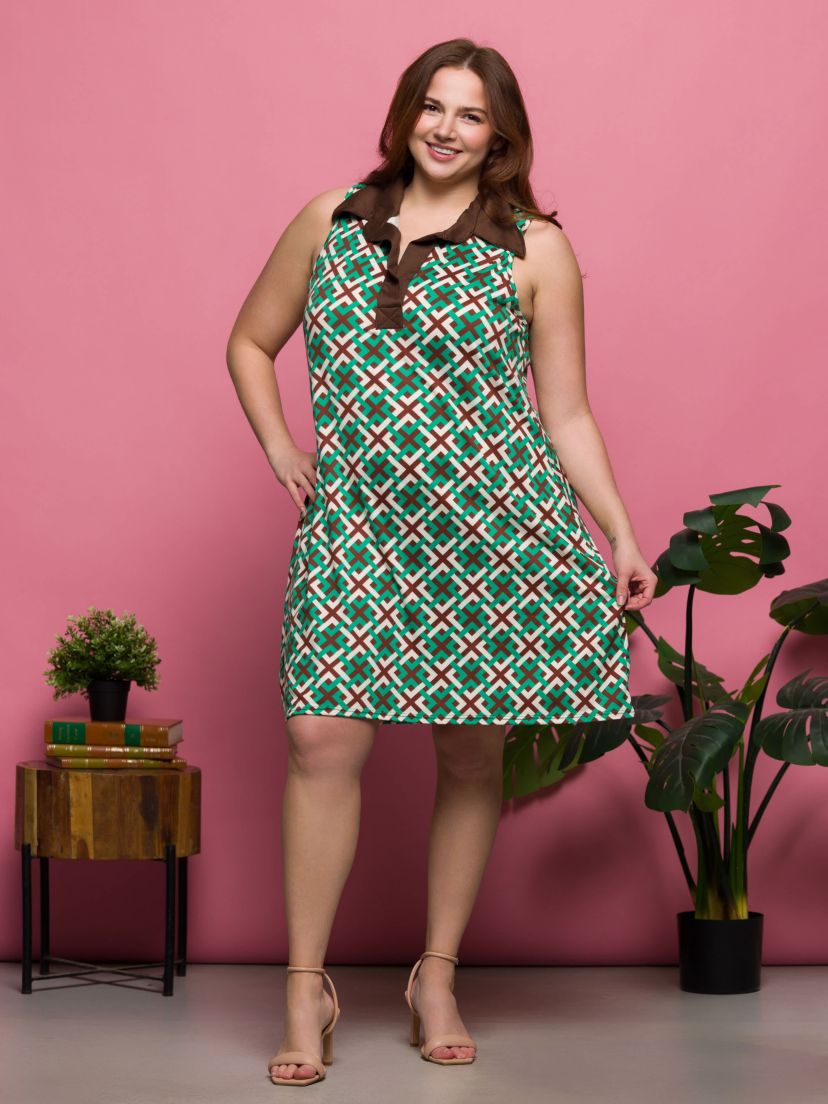 Plus Size Brown and Green Sleeveless Collared Mini Dress