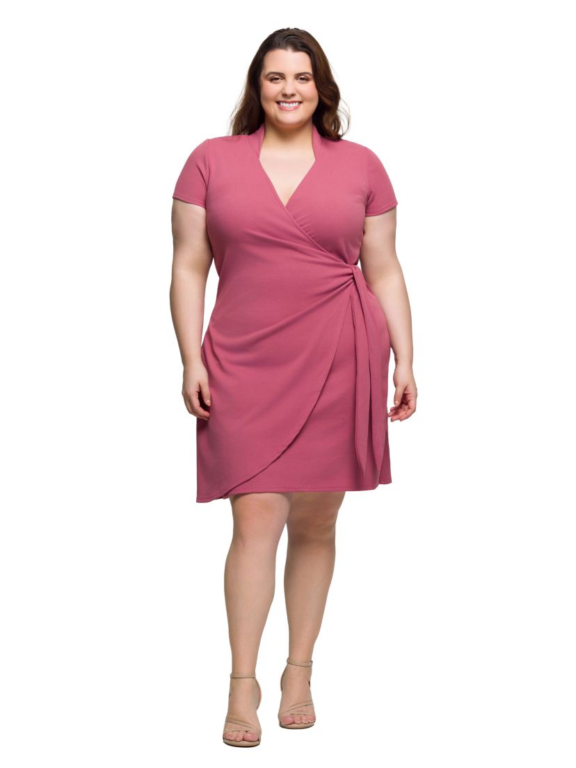 Plus Size Mandarin Collar Knee Length Wrap Dress