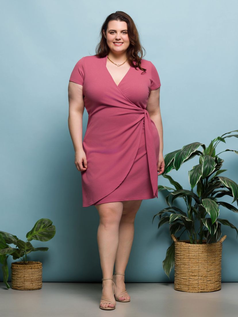 Plus Size Mandarin Collar Knee Length Wrap Dress