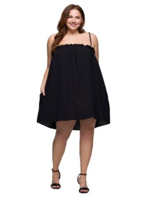 24seven Comfort Apparel Women's Plus Size Square Neck Spaghetti Strap Smocked Pocket Mini Dress