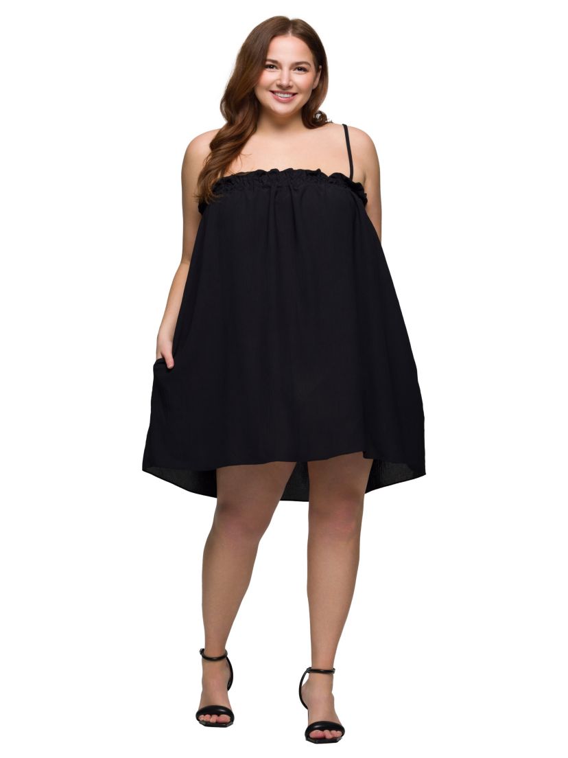 Plus Size Square Neck Spaghetti Strap Smocked Pocket Mini Dress