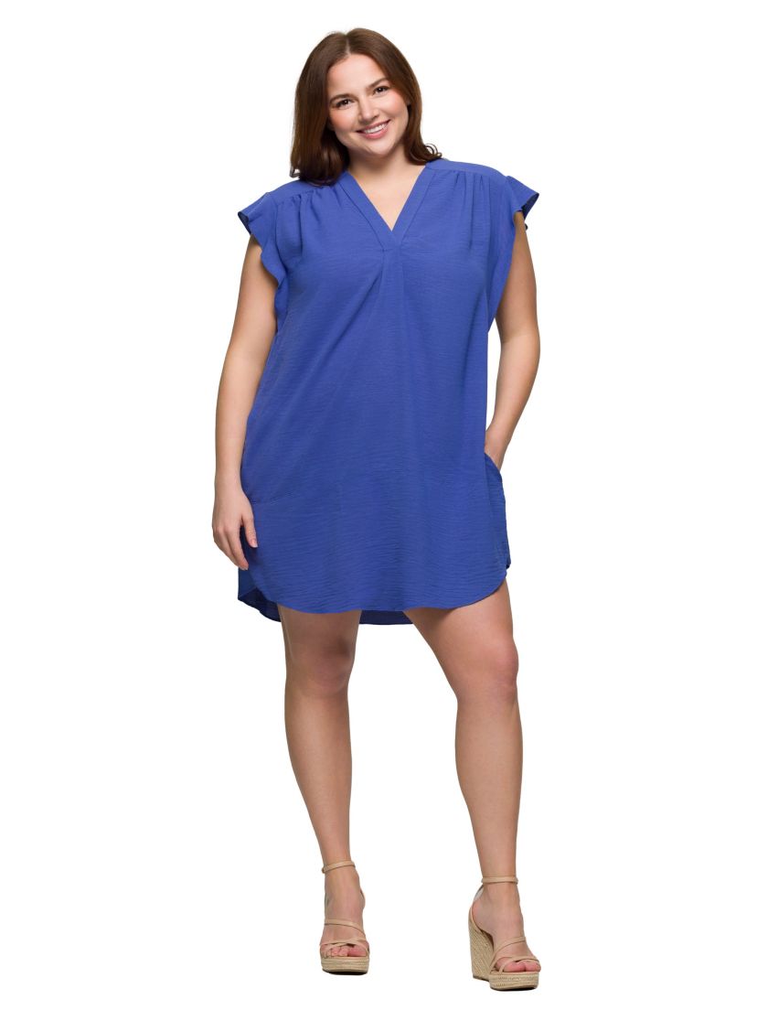 Plus Size V Neck Cap Sleeve Knee Length Pocket Dress