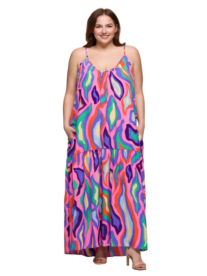 Plus Size Multicolor Lightweight Spaghetti Strap Pocket Maxi Dress
