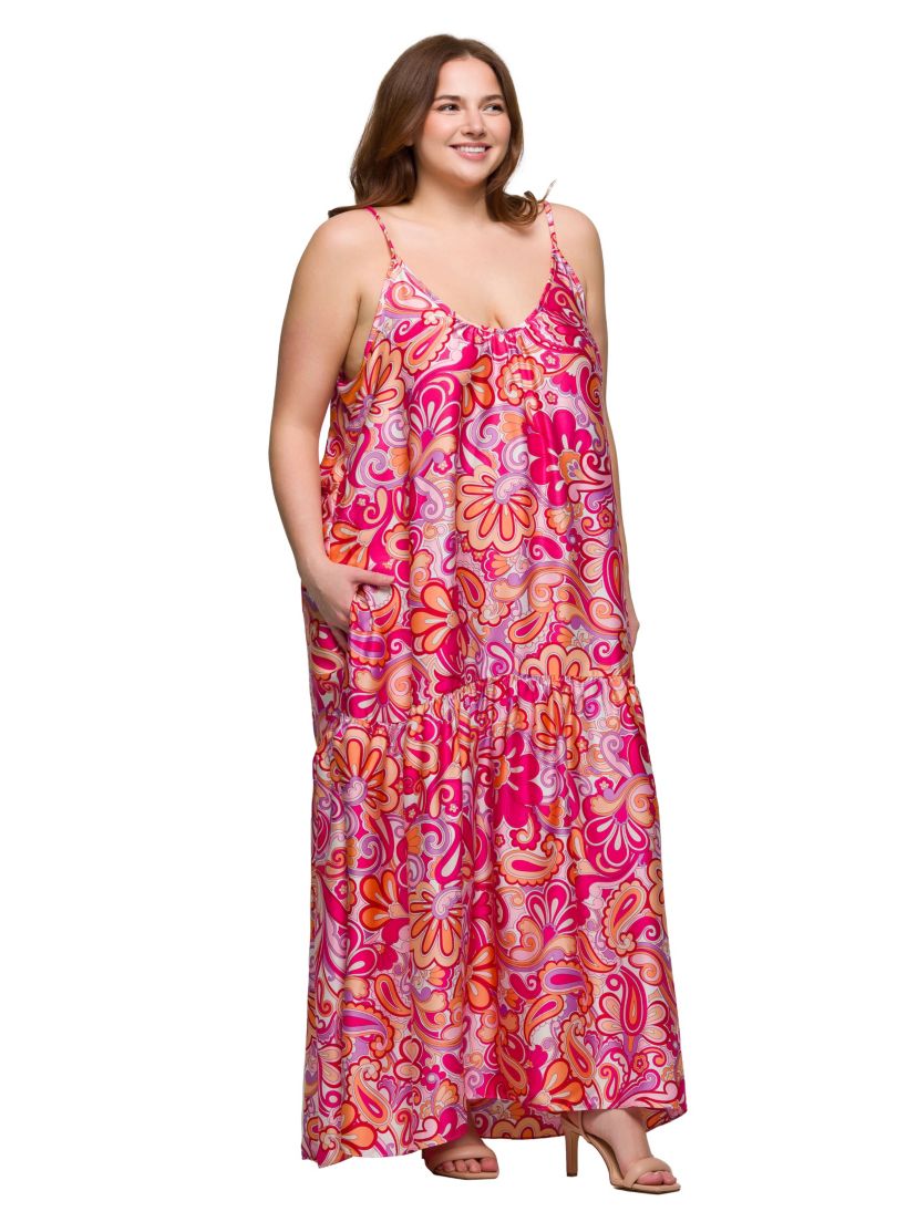 Plus Size Pink Print Lightweight Spaghetti Strap Pocket Maxi Dress