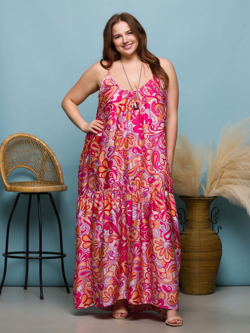 Plus Size Pink Print Lightweight Spaghetti Strap Pocket Maxi Dress