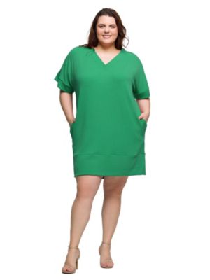 24seven Comfort Apparel Women's Plus Size V Neck Loose Fit Short Sleeve Pocket T-Shirt Dress, Green, 3X