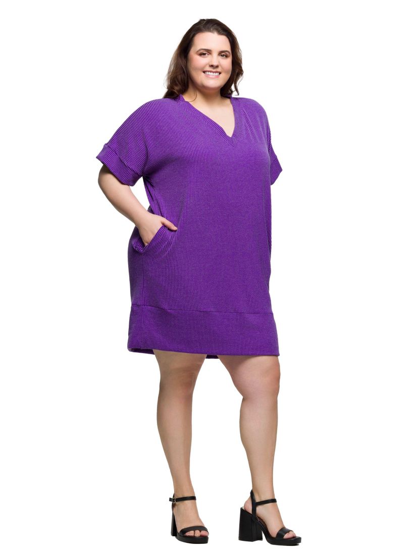 Plus Size V Neck Loose Fit Short Sleeve Pocket T Shirt Dress