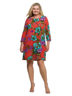 24seven Comfort Apparel Womens Plus Size Orange Floral Print Three Quarter Sleeve A Line Knee Length Dress