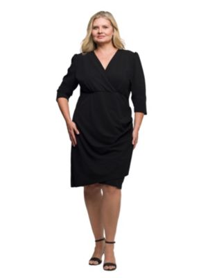 24seven Comfort Apparel Womens Plus Size Solid Color V Neck Faux Wrap Dress, Black, 3X