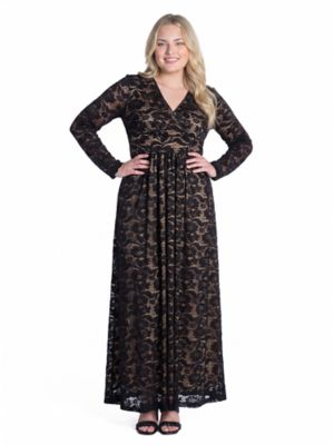 24seven Comfort Apparel Women's Elevate Curvy Elegant V Neck Long Sleeve Floral Lace Dress, Black, 3XL
