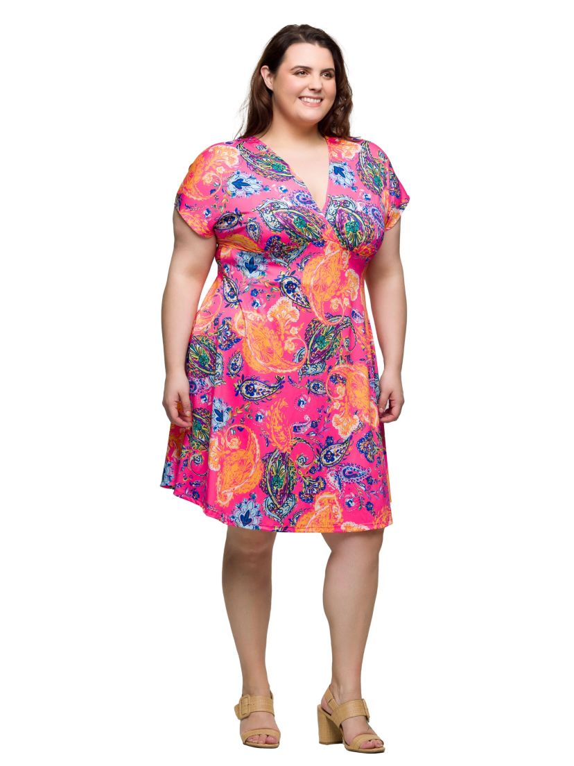 Plus Size Pink Paisley V Neck Empire Waist Knee Length Dress