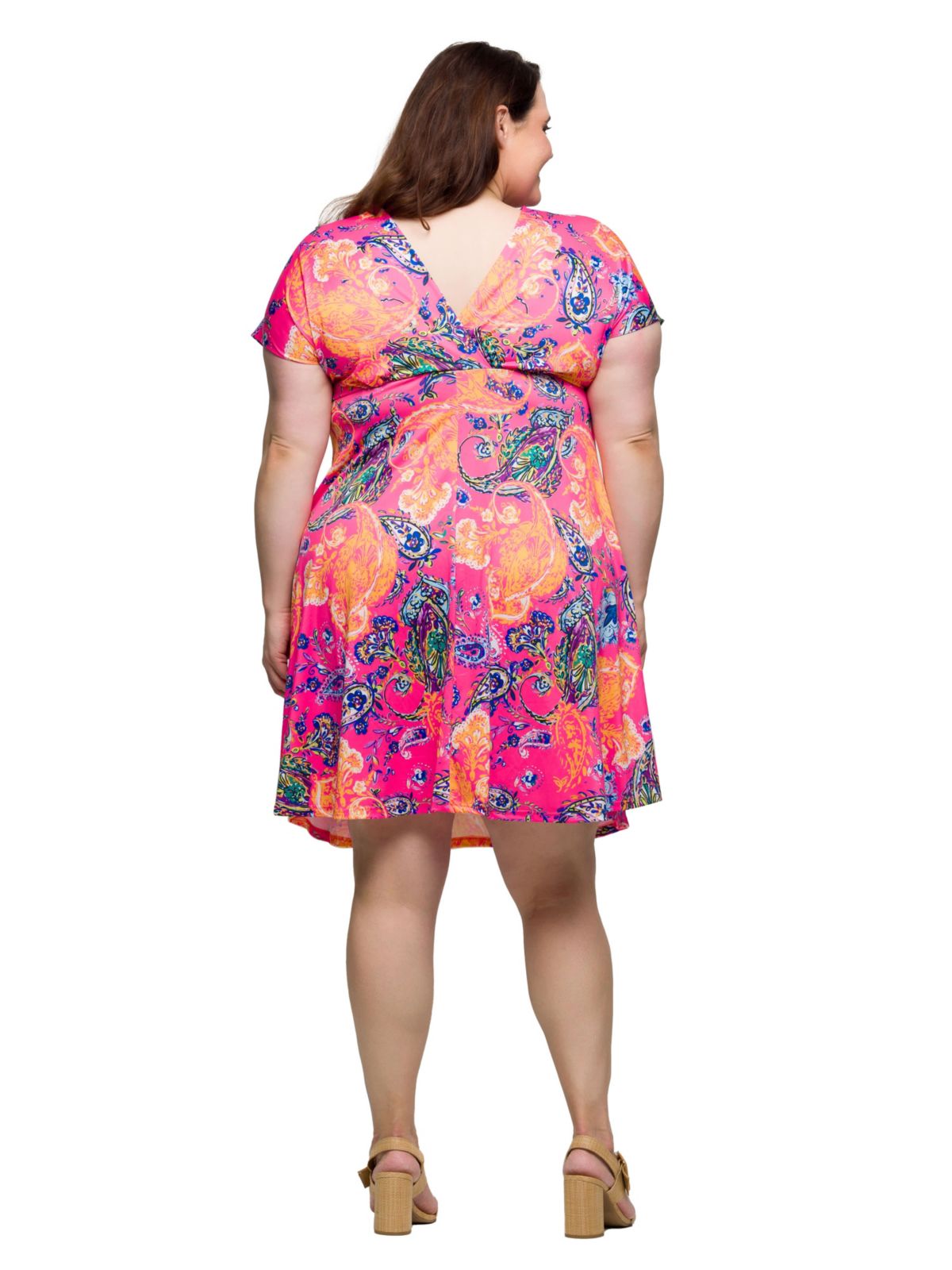 Plus Size Pink Paisley V Neck Empire Waist Knee Length Dress