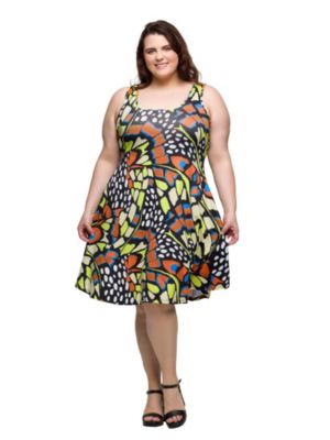 24seven Comfort Apparel Women's Plus Size Butterfly Print Sleeveless Knee Length Tank Swing Dress