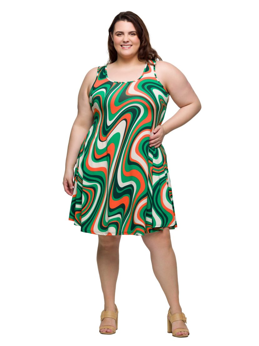 Plus Size Green Print Sleeveless Knee Length Tank Swing Dress
