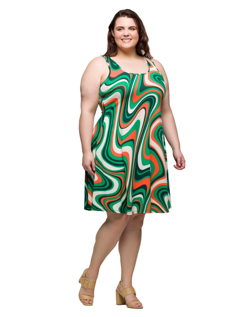 Plus Size Green Print Sleeveless Knee Length Tank Swing Dress