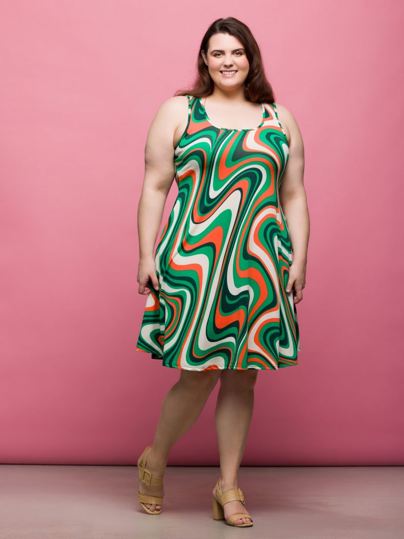 Plus Size Green Print Sleeveless Knee Length Tank Swing Dress