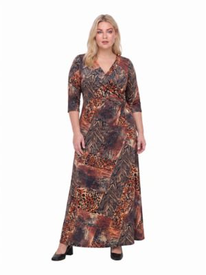 24seven Comfort Apparel Women's Elevate Curvy Animal Print Mid Sleeve V Neck Wrap Waist Slit Long Dress