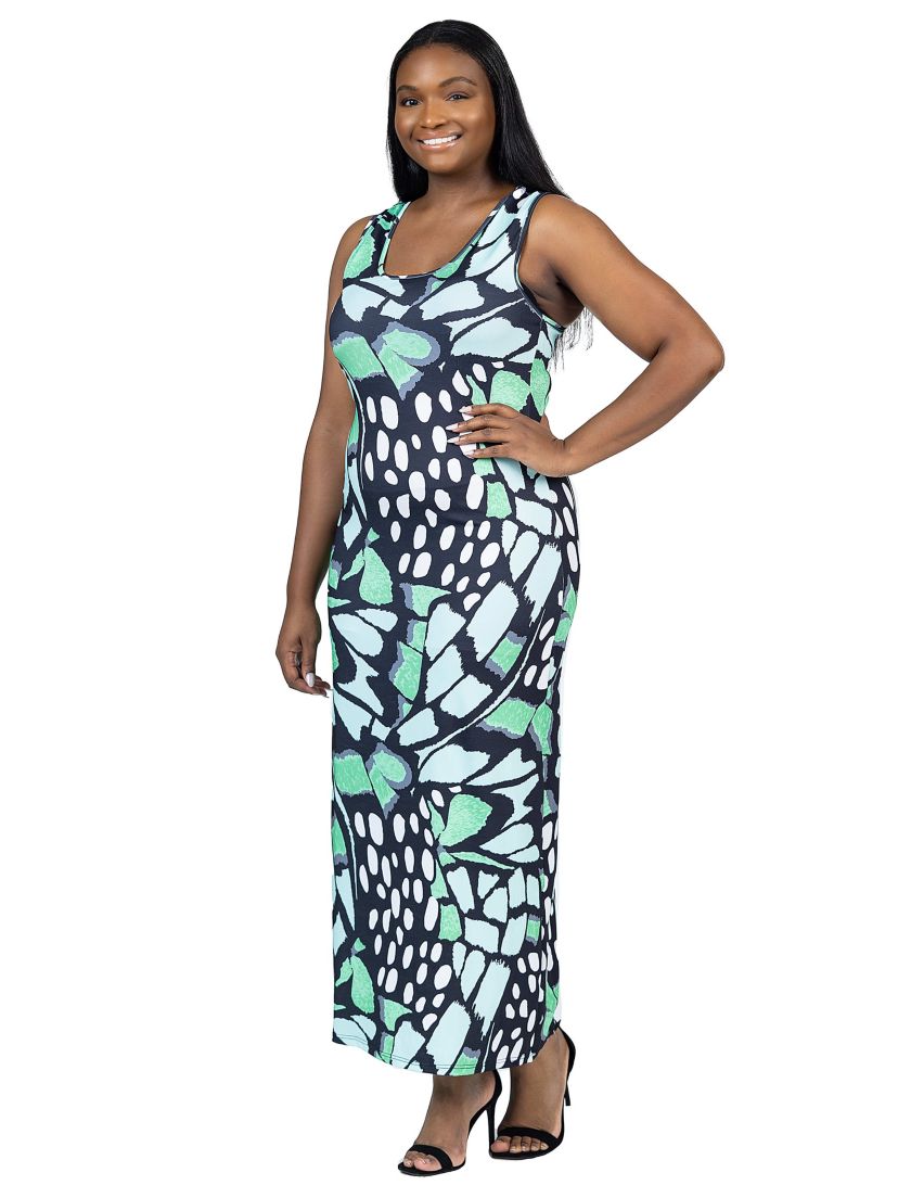 Plus Size Green Butterfly Print Casual Razorback Tank Maxi Dress