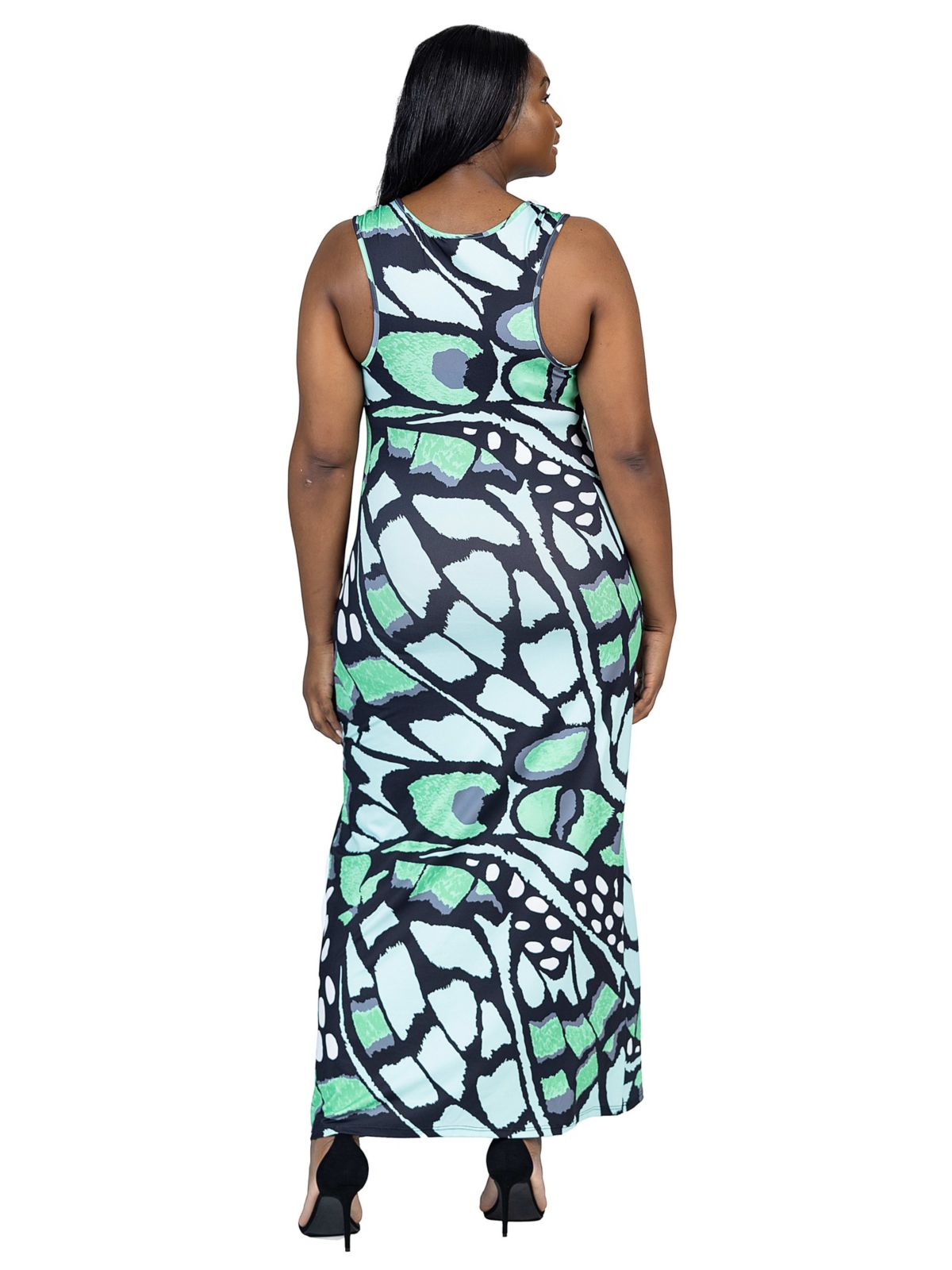 Plus Size Green Butterfly Print Casual Razorback Tank Maxi Dress