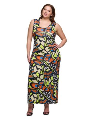 24seven Comfort Apparel Women's Bright Butterfly Print Plus Size Razorback Tank Casual Maxi Dress
