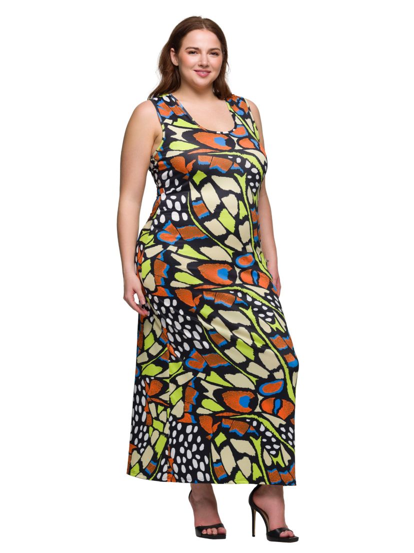 Bright Butterfly Print Plus Size Razorback Tank Casual Maxi Dress