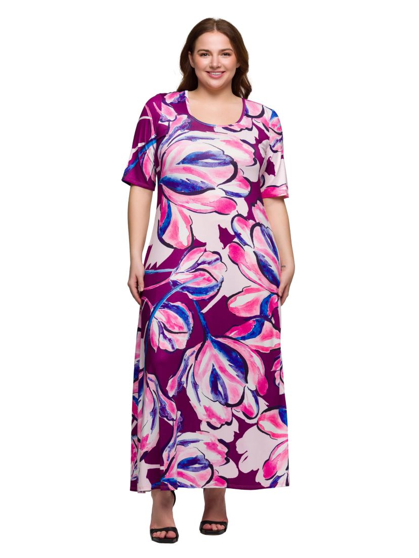 Plus Size Purple Floral Print Elbow Sleeve Casual A Line Maxi Dress