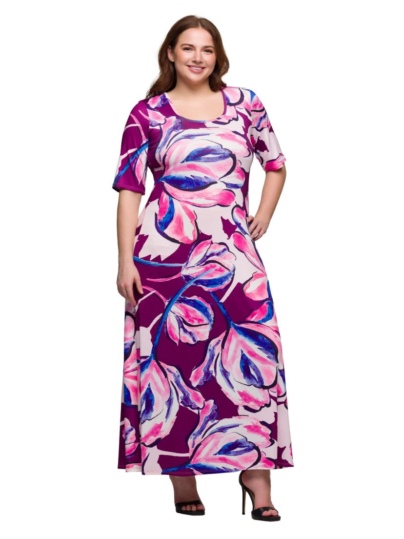 Plus Size Purple Floral Print Elbow Sleeve Casual A Line Maxi Dress