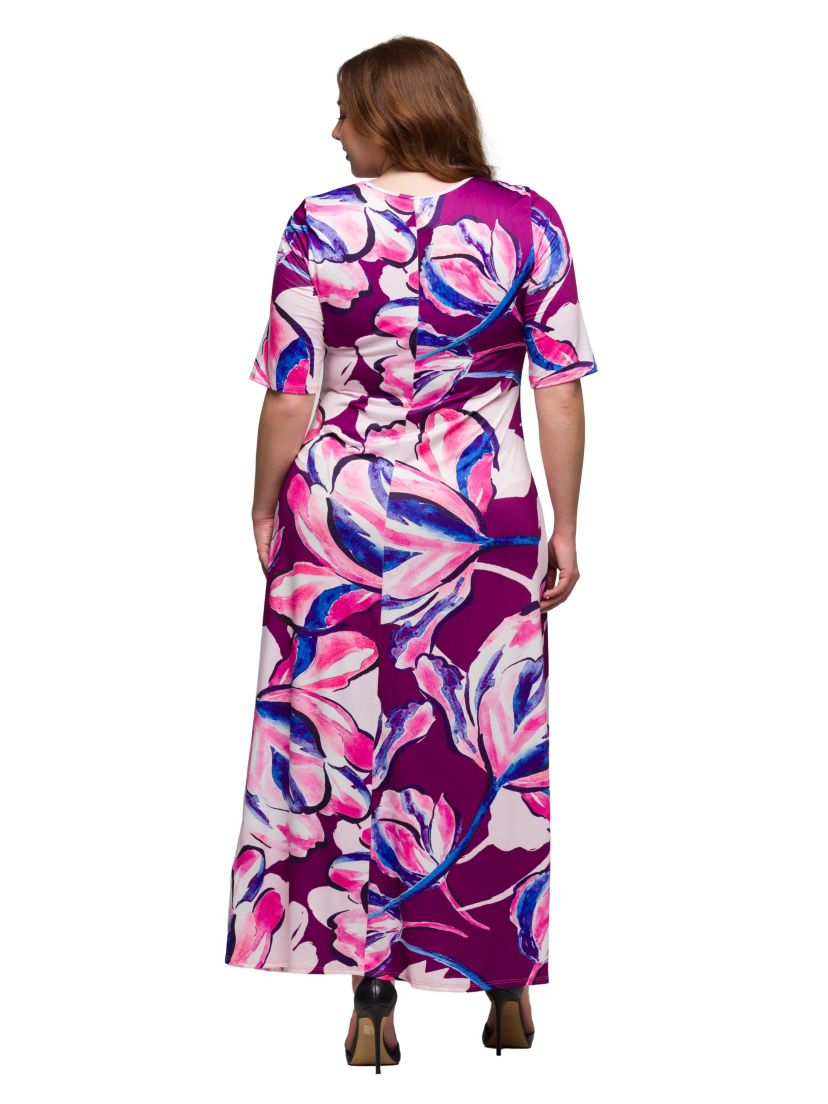 Plus Size Purple Floral Print Elbow Sleeve Casual A Line Maxi Dress