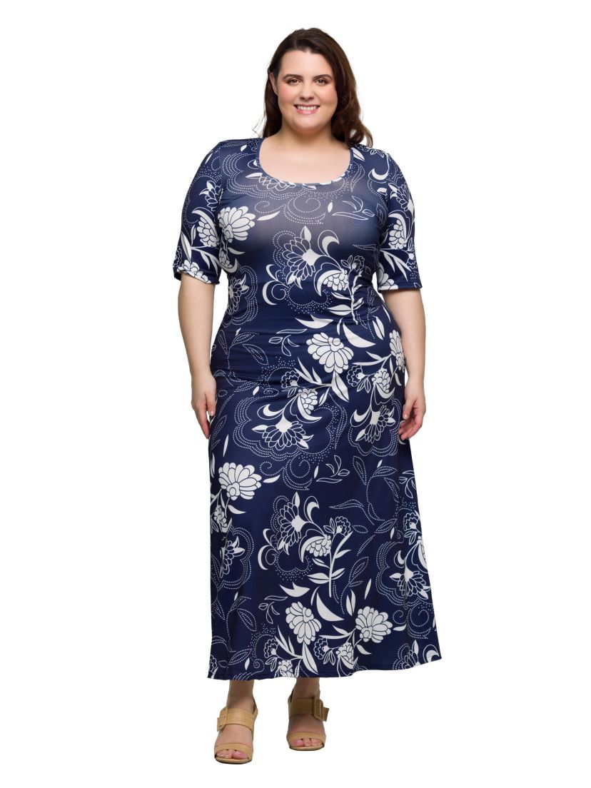 Plus Size Blue Floral Print Elbow Sleeve Casual A Line Maxi Dress