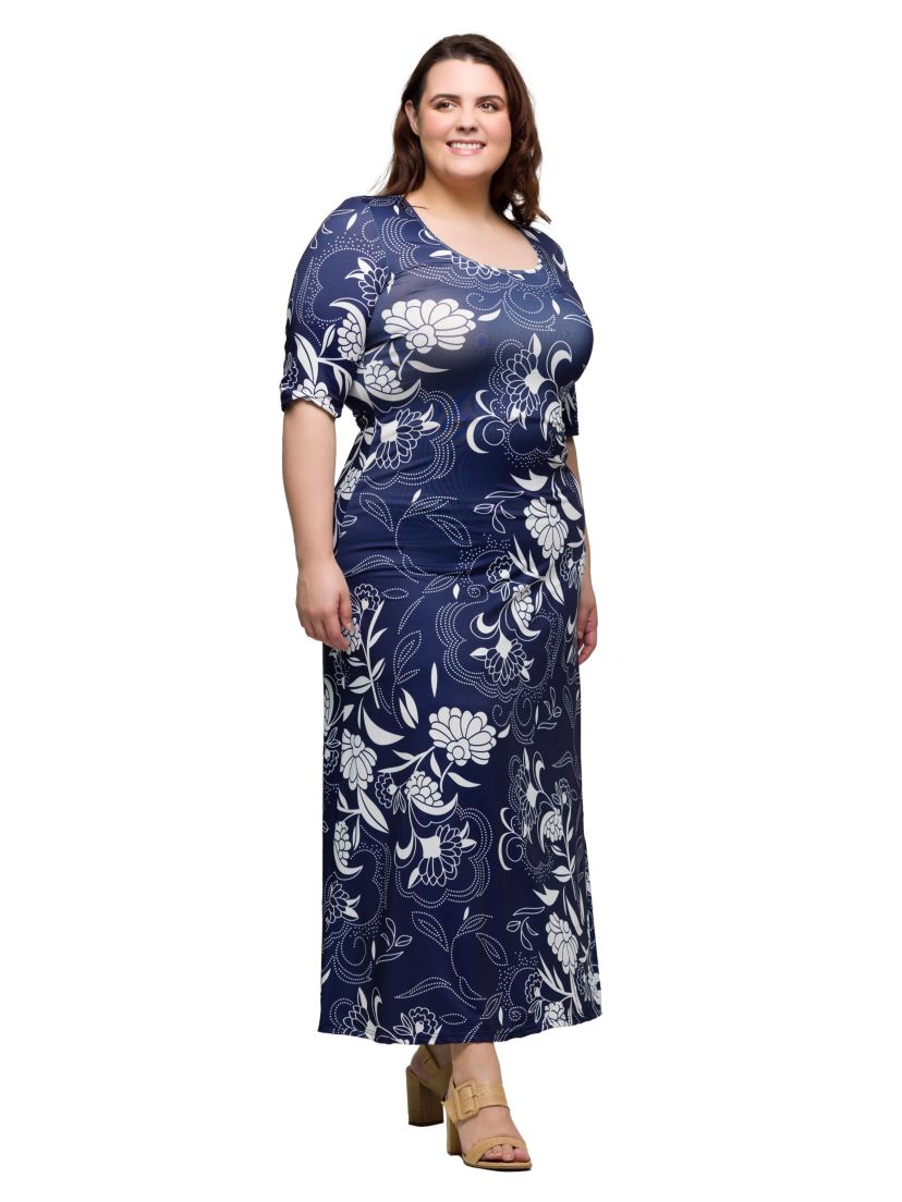 Plus Size Blue Floral Print Elbow Sleeve Casual A Line Maxi Dress