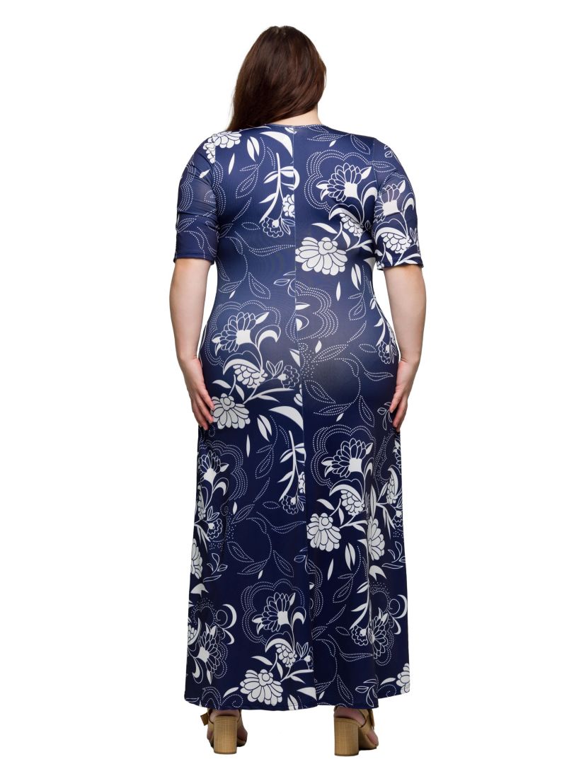 Plus Size Blue Floral Print Elbow Sleeve Casual A Line Maxi Dress