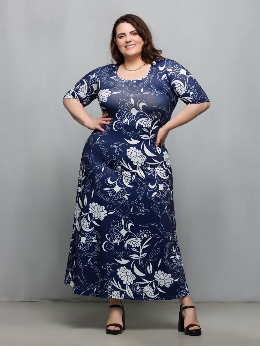 Plus Size Blue Floral Print Elbow Sleeve Casual A Line Maxi Dress