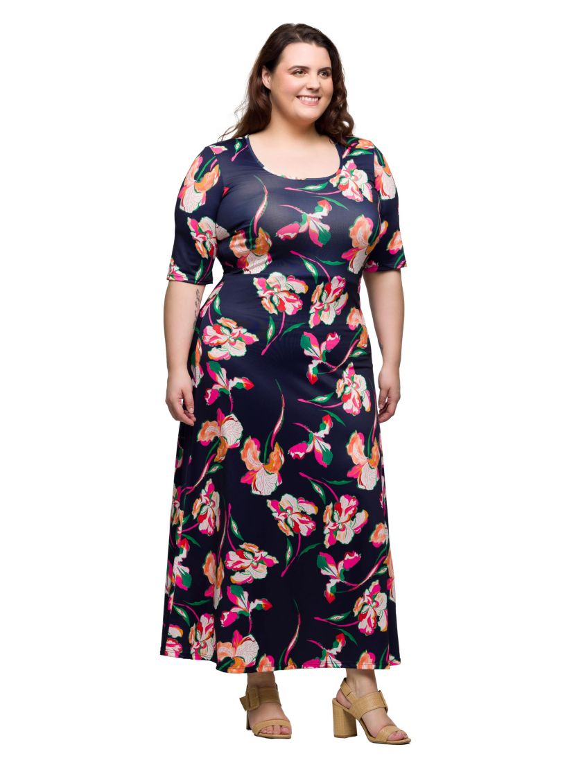 Plus Size Navy Floral Print Elbow Sleeve Casual A Line Maxi Dress