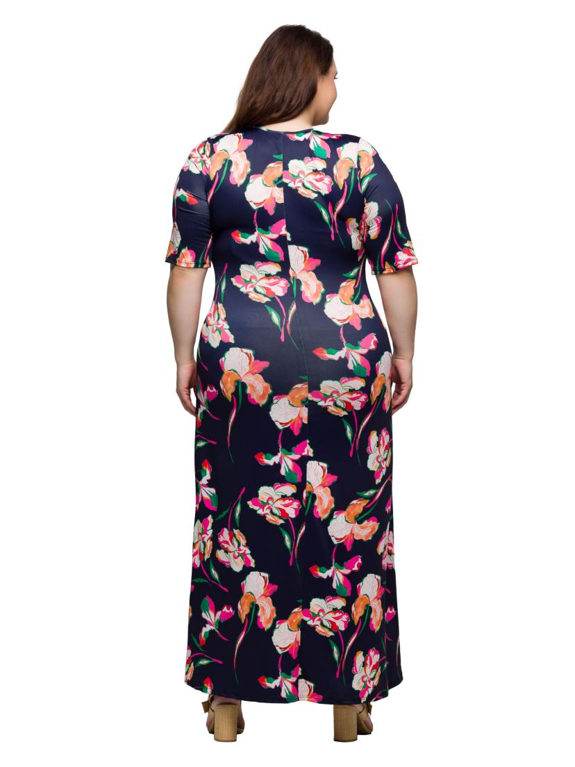 Plus Size Navy Floral Print Elbow Sleeve Casual A Line Maxi Dress