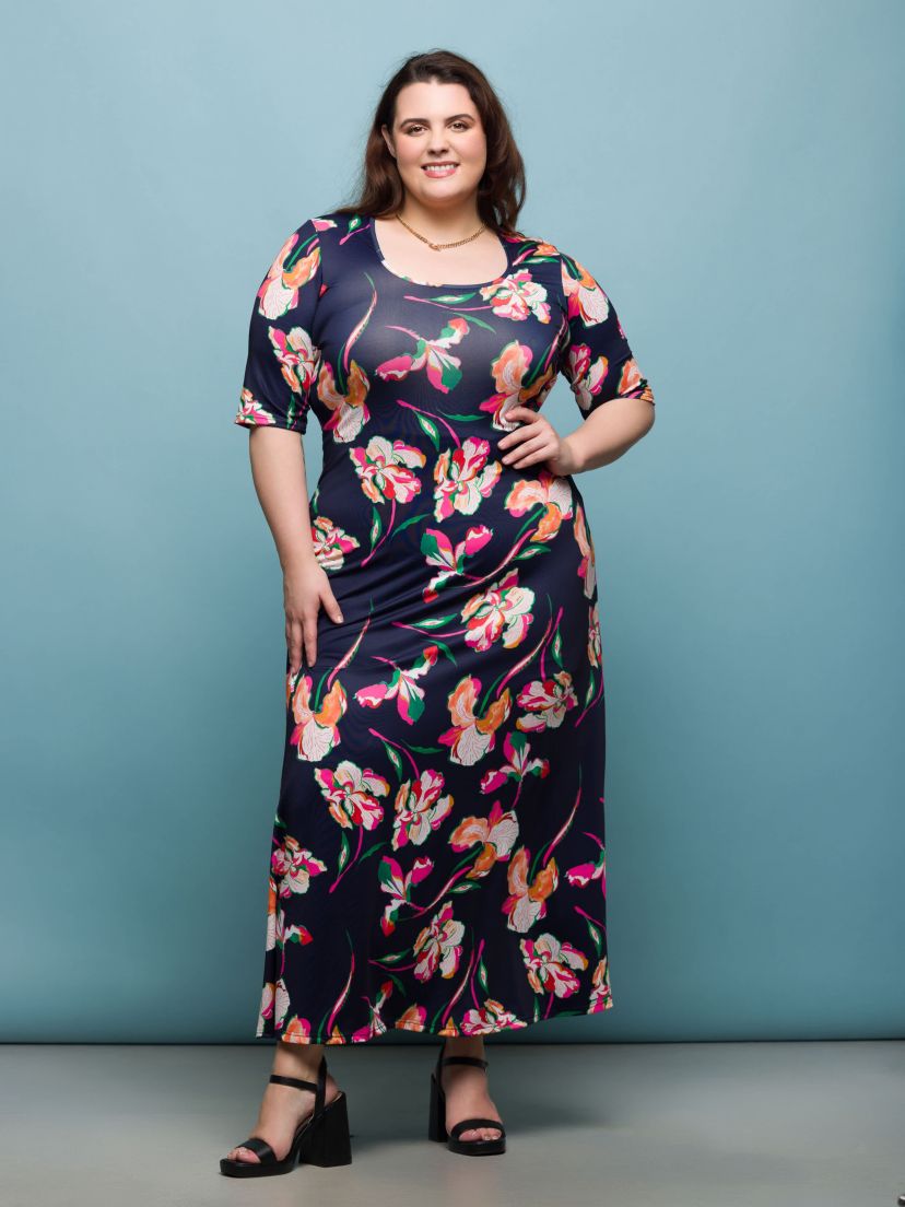 Plus Size Navy Floral Print Elbow Sleeve Casual A Line Maxi Dress