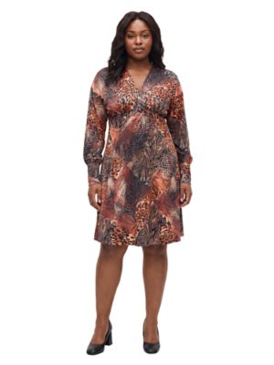 24seven Comfort Apparel Women's Elevate Curvy Animal Long Sleeve V Neck Empire Waist Knee Length Flare Dress
