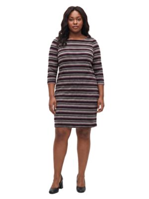 24seven Comfort Apparel Women's Essential Curvy Three-Quarter Sleeve Striped Bodycon Dress